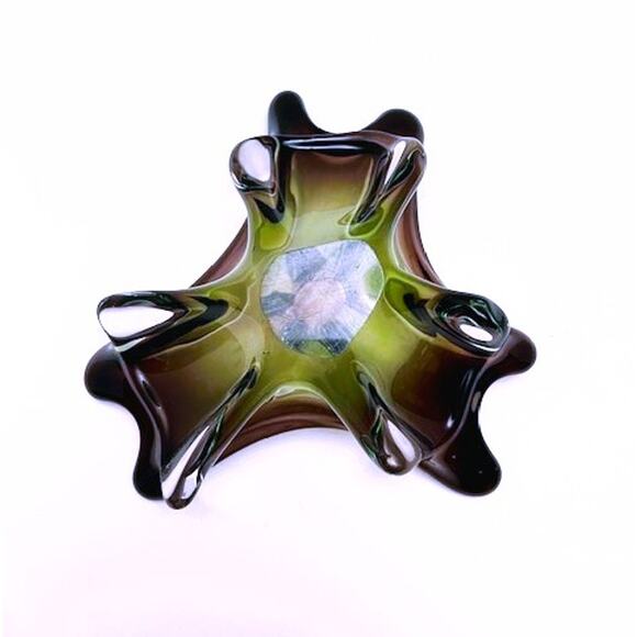 Vintage (1960s) Murano 3 Petal Splash Plum, Green, & Clear Handblown Glass Decor - Picture 6 of 6